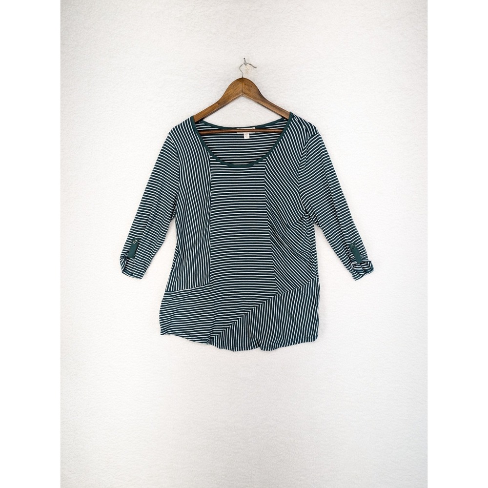 Women's KENAR Asymmetrical Striped Shirt Green White‎ Striped Boat Neck L USA